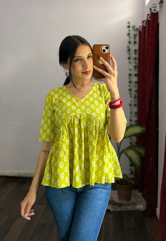 Green Till Elbow Peplum Top ( New Launch)