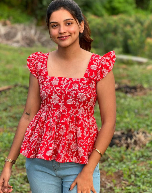 Red white peplum Top